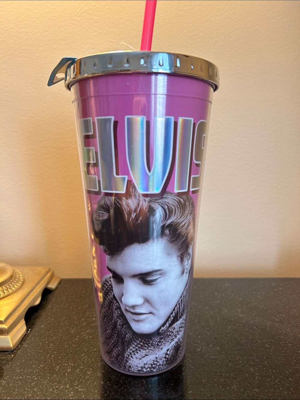 Elvis Holographic Pink Travel Tumbler with Straw
